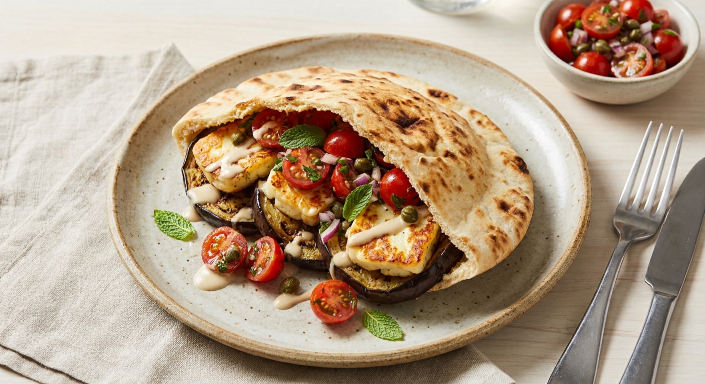 Charred Eggplant & Halloumi Pita with Cherry Tomato–Caper Salsa