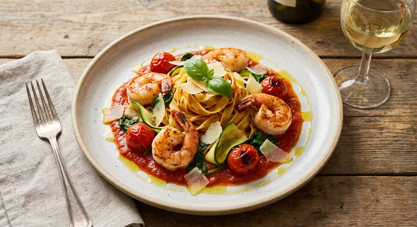 Shrimp & Vegetable Pasta in Tomato Sauce