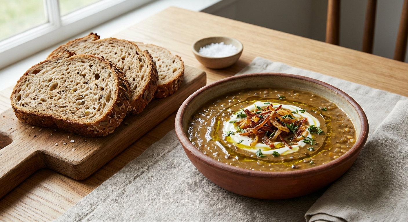 Hearty Lentil Soup with Crusty Whole Grain Bread