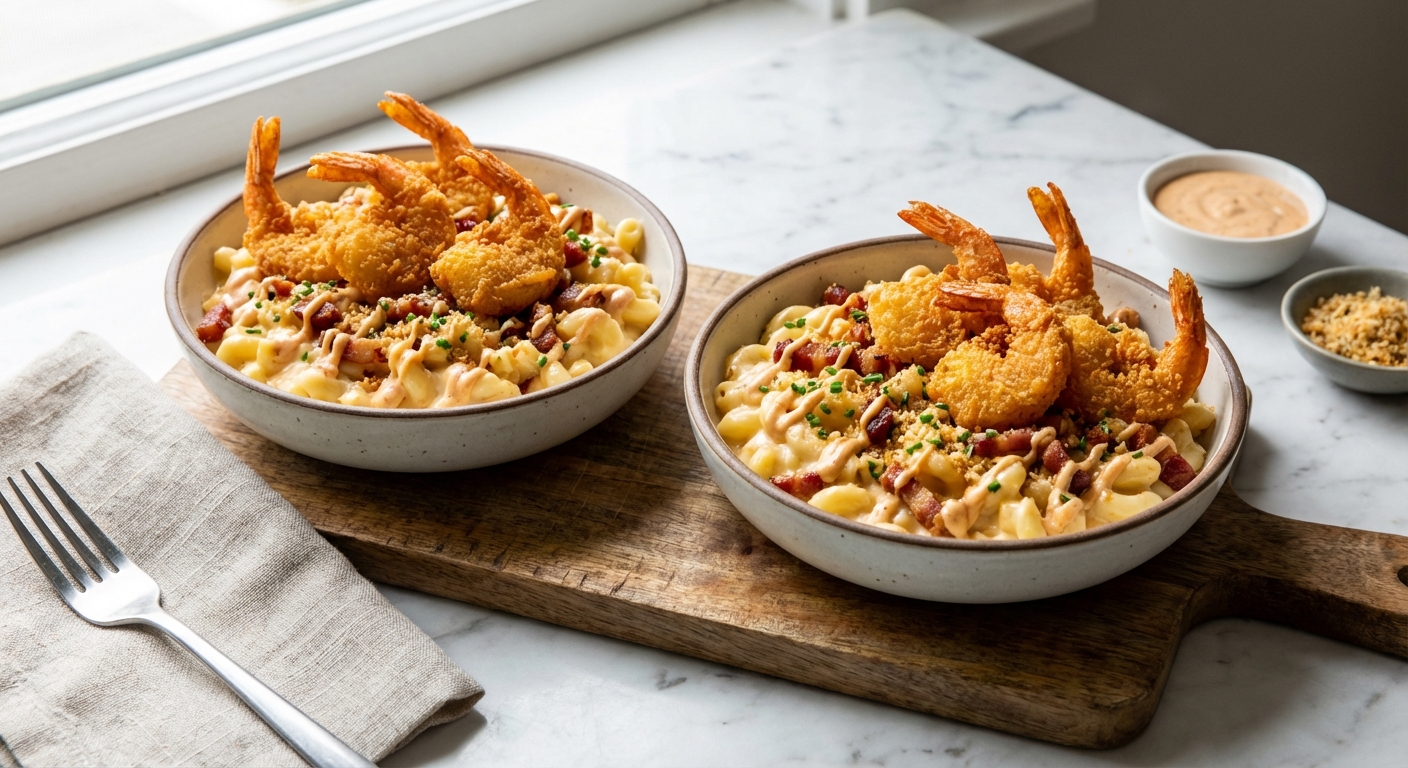 Loaded Mac & Cheese Bowls with Crispy Butterfly Shrimp - Delicious Homemade Recipe