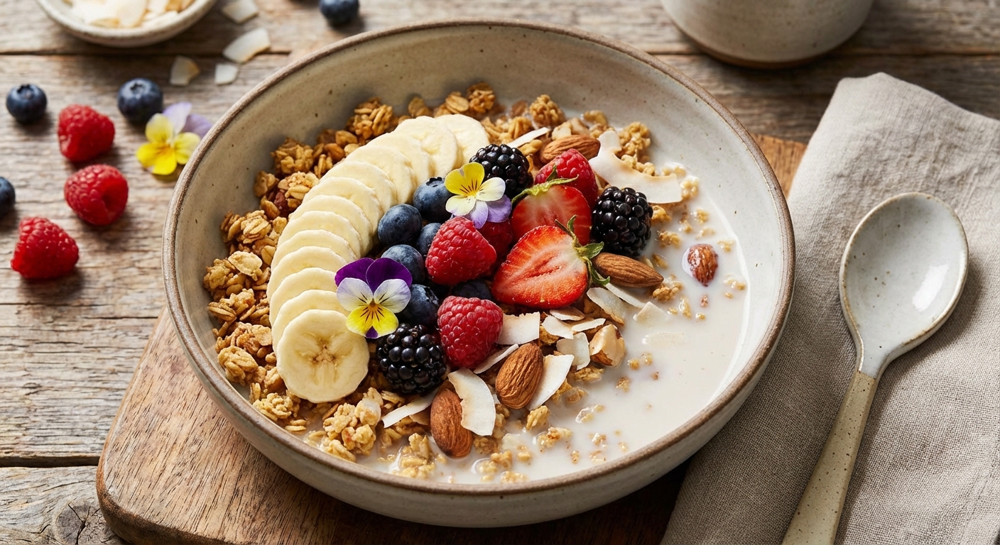 Berry-Almond Coconut Granola with Sliced Banana & Almond Milk