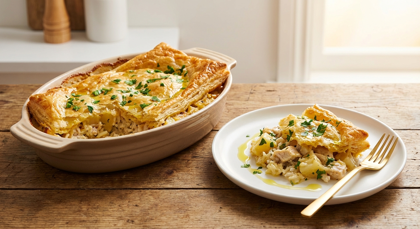 Creamy Chicken, Potato & Rice Casserole with Golden Butter Crust