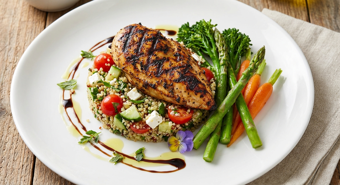Grilled Chicken with Quinoa Salad and Steamed Vegetables