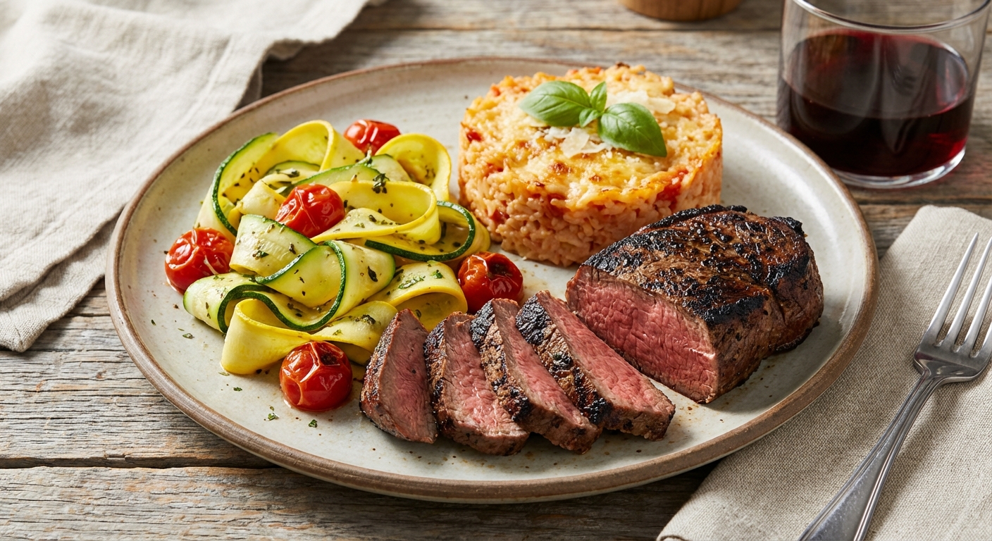 Grilled Tenderloin (or Backstrap) with Squash–Zucchini Ribbons and Cheesy Tomato Rice - Delicious Homemade Recipe
