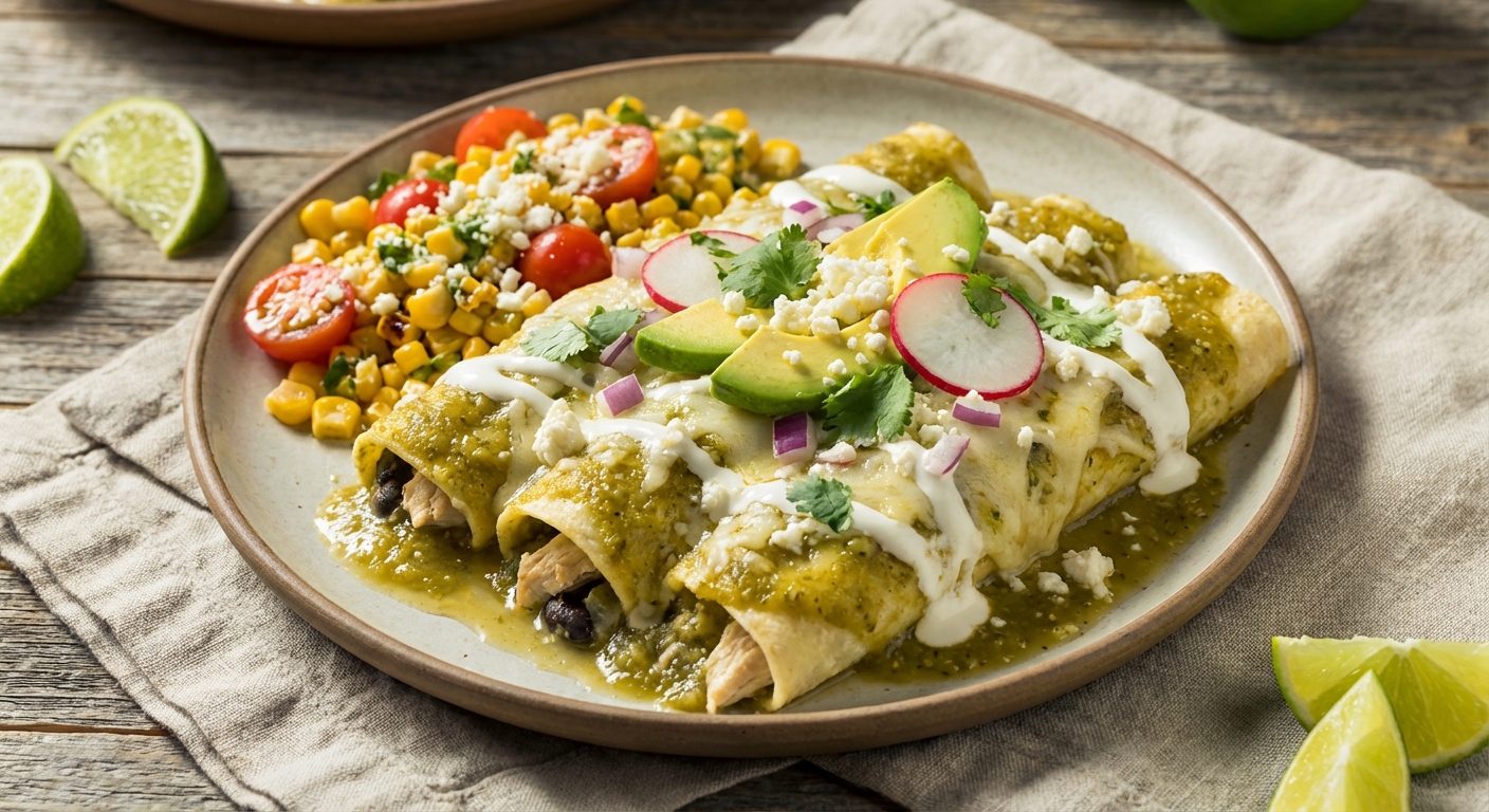 Chicken & Black Bean Enchiladas Verdes with Corn Salad