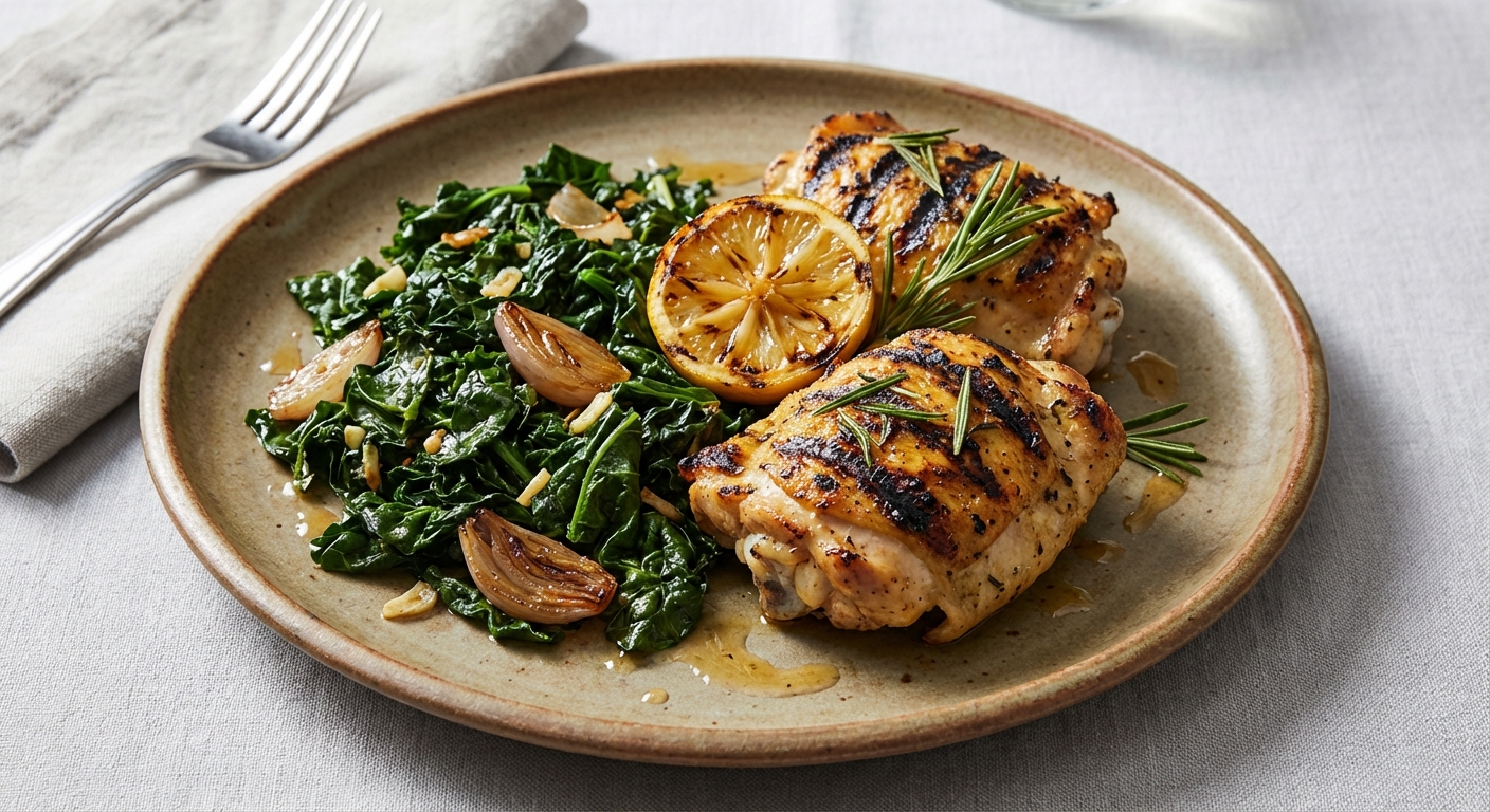 Grilled Lemon-Rosemary Chicken Thighs with Sautéed Tuscan Kale and Roasted Shallots