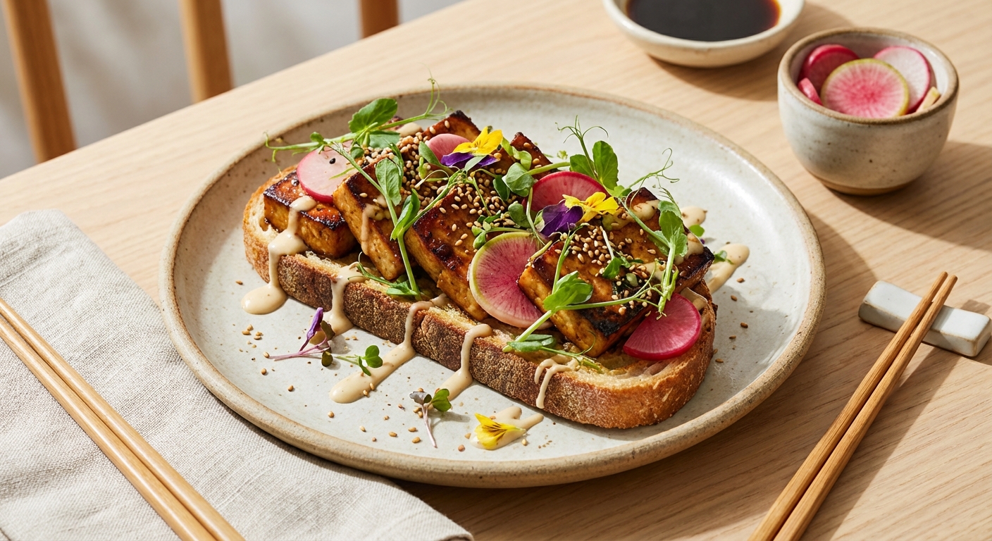 Smoky Miso Pan‑Seared Tofu Toast with Quick‑Pickled Radishes & Pea Shoots