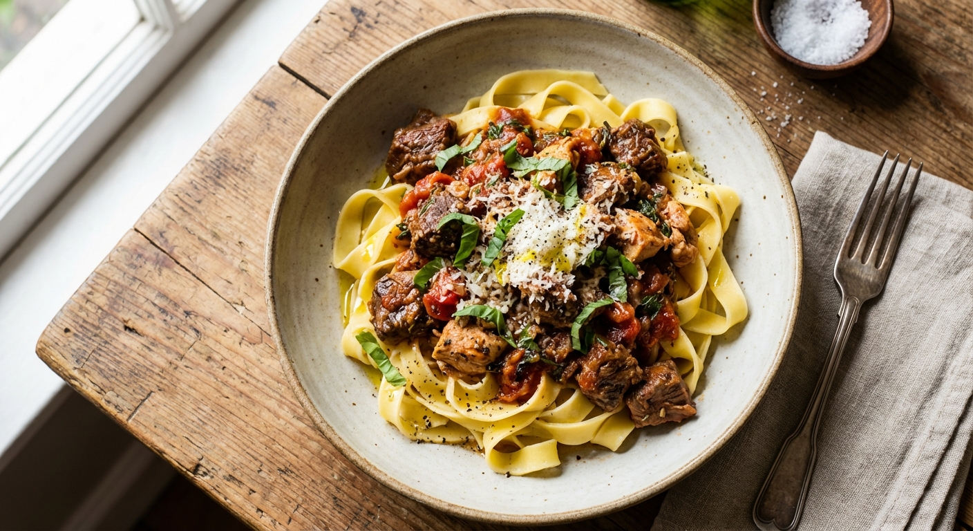 Rustic Mixed-Meat Ragu Tagliatelle (Chicken + Beef)