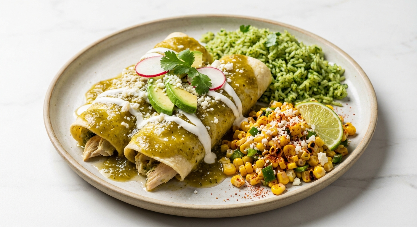 Chicken Enchiladas Verde with Cilantro Rice & Charred Corn Salad - Delicious Homemade Recipe