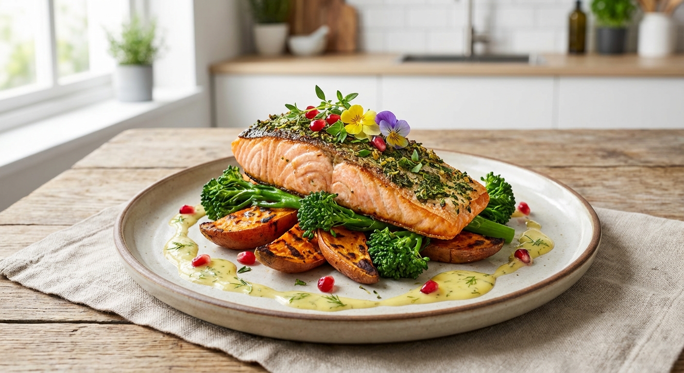 Oven-Baked Salmon with Roasted Sweet Potatoes & Broccoli