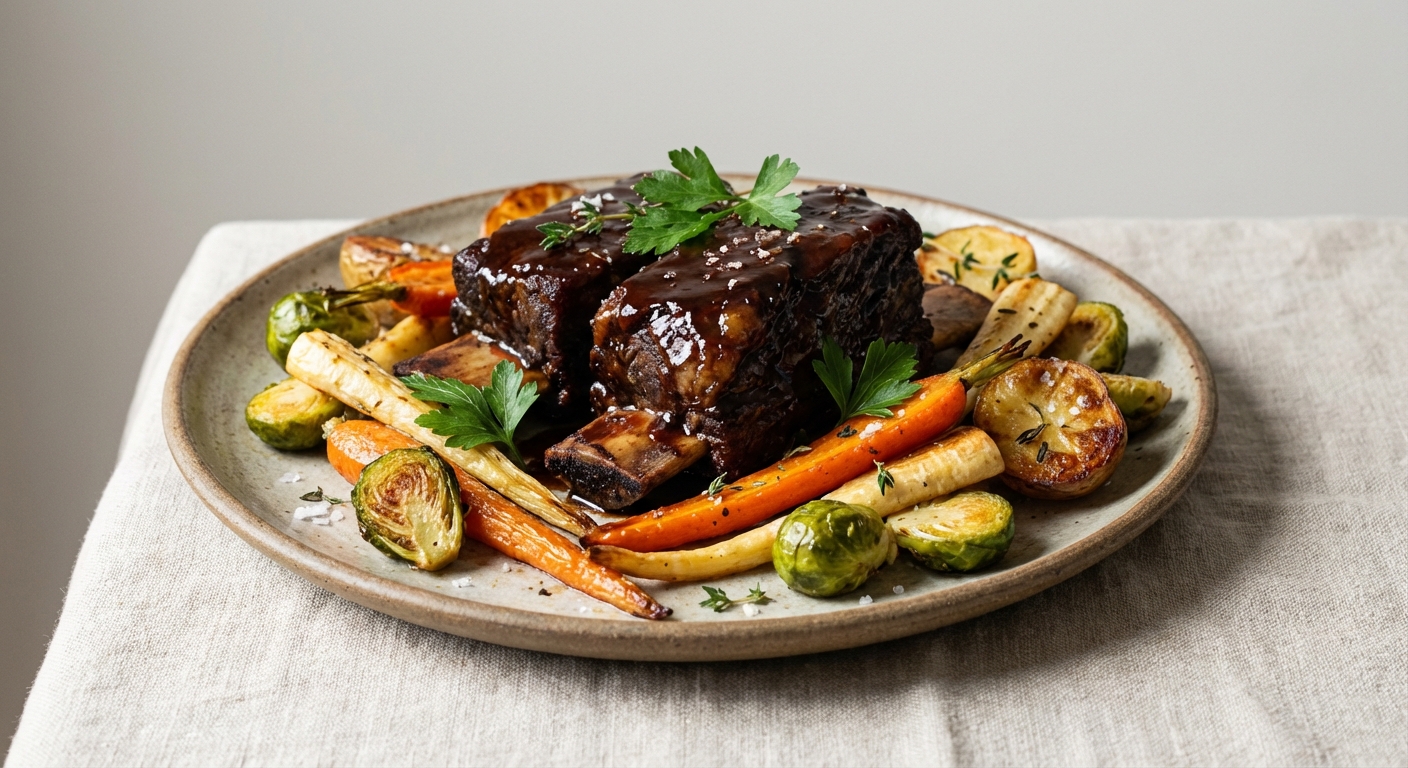 Balsamic-Braised Short Ribs with Roasted Winter Root Vegetables