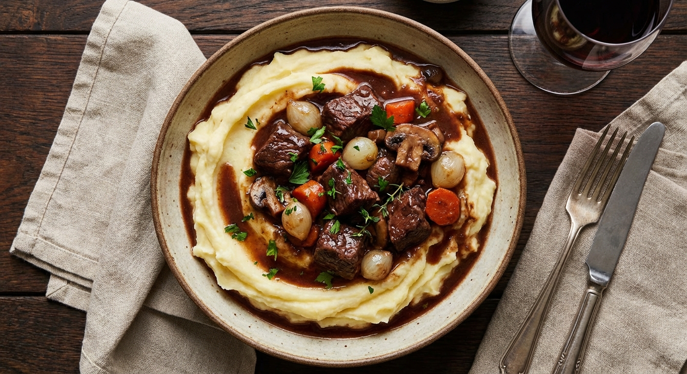 Beef & Mushroom Bourguignon with Creamy Mashed Potatoes