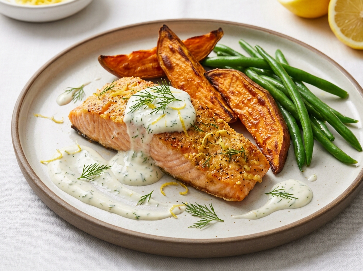 Baked Salmon with Roasted Sweet Potato & Steamed Green Beans, Lemon-Dill Yogurt Sauce