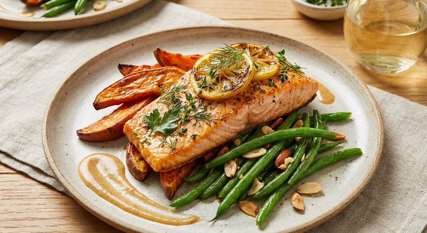 Baked Lemon-Herb Salmon with Roasted Sweet Potato & Sautéed Green Beans