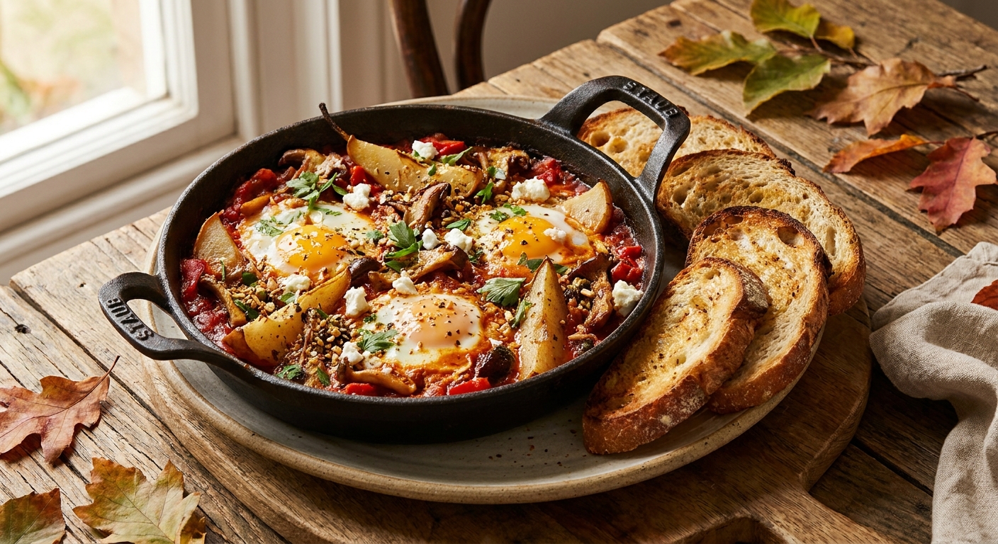 Autumn Pear & Wild Mushroom Shakshuka with Toasted Sourdough