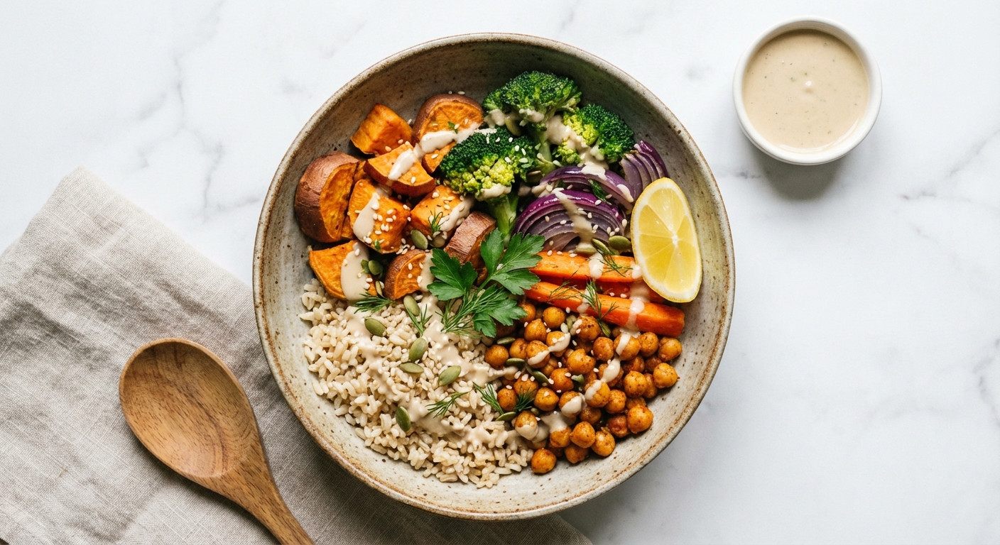 Chickpea & Roasted Vegetable Brown Rice Bowl with Tahini Dressing