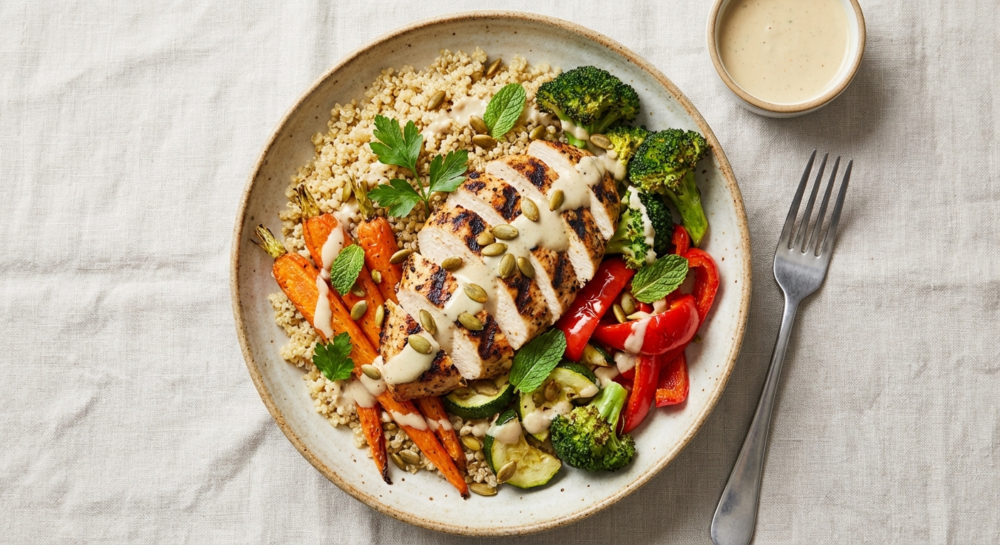 Grilled Chicken Quinoa Bowl with Roasted Vegetables & Tahini-Lemon Dressing - Delicious Homemade Recipe