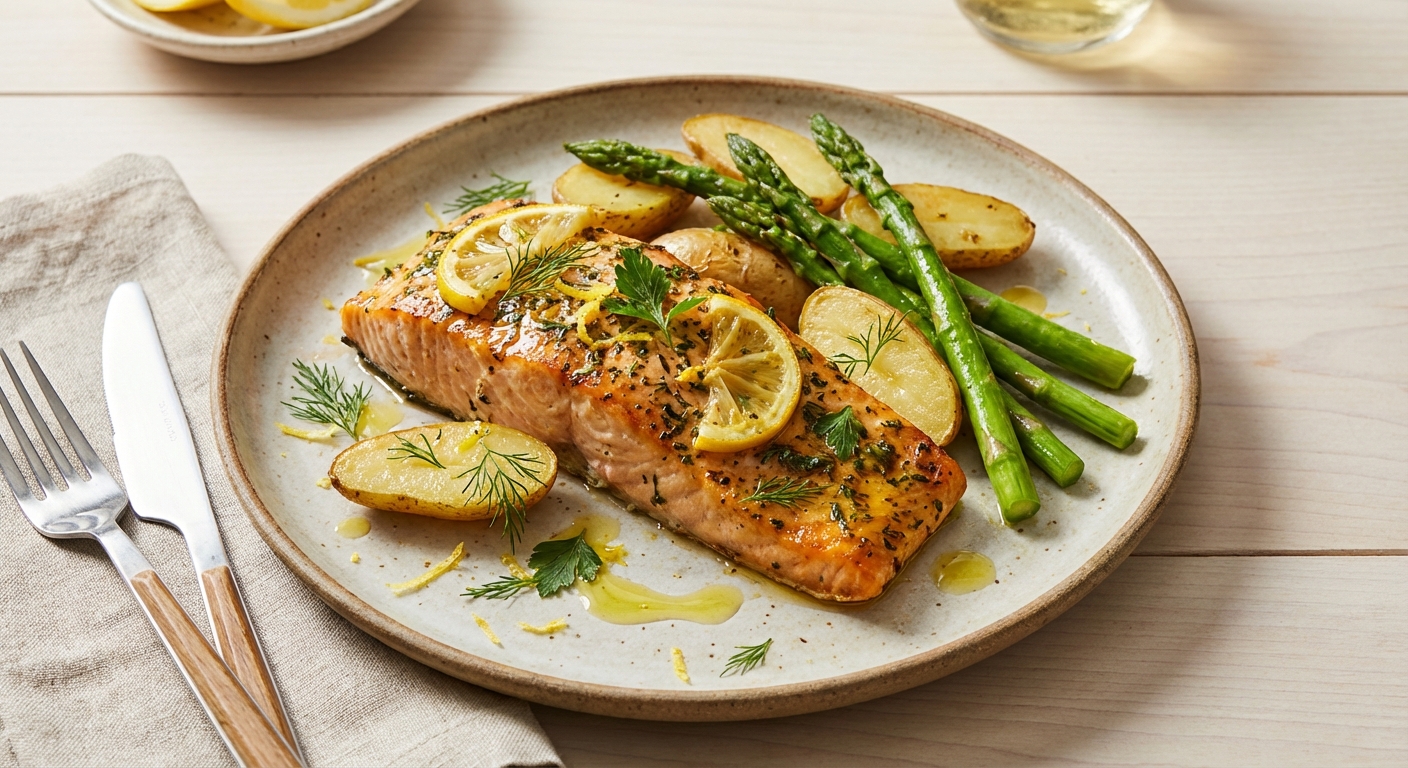 Lemon-Herb Baked Salmon with Roasted Fingerling Potatoes & Steamed Asparagus