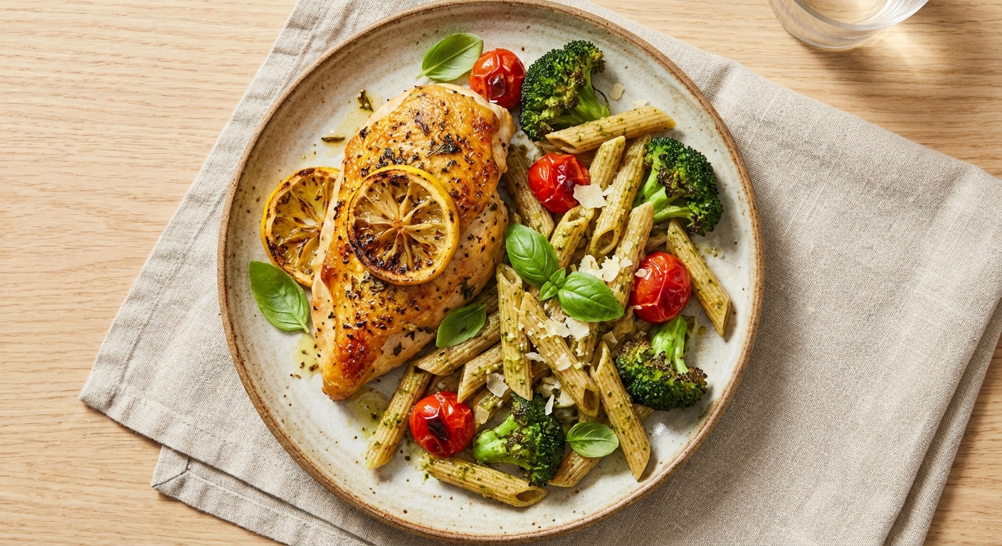 Baked Lemon-Herb Chicken with Whole-Wheat Penne & Roasted Broccoli