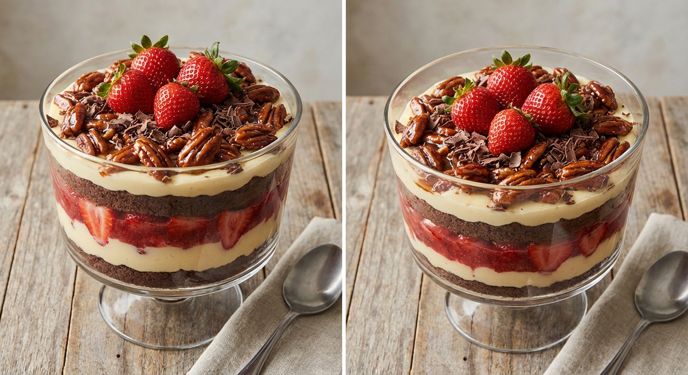 Chocolate-Strawberry Pastry-Cream Trifle with Glazed Pecan Crunch