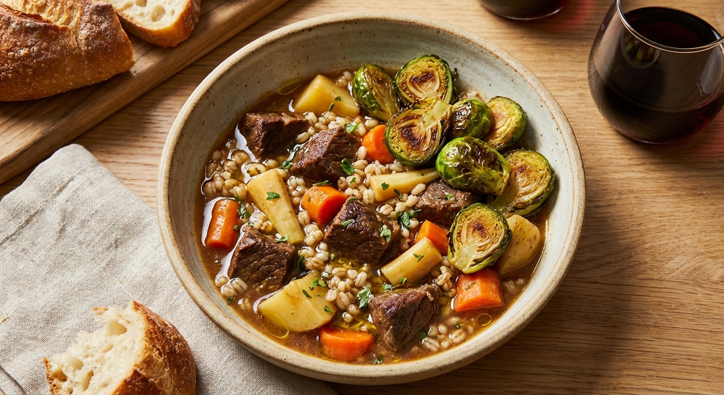 Beef & Barley Stew with Root Vegetables and Roasted Brussels Sprouts