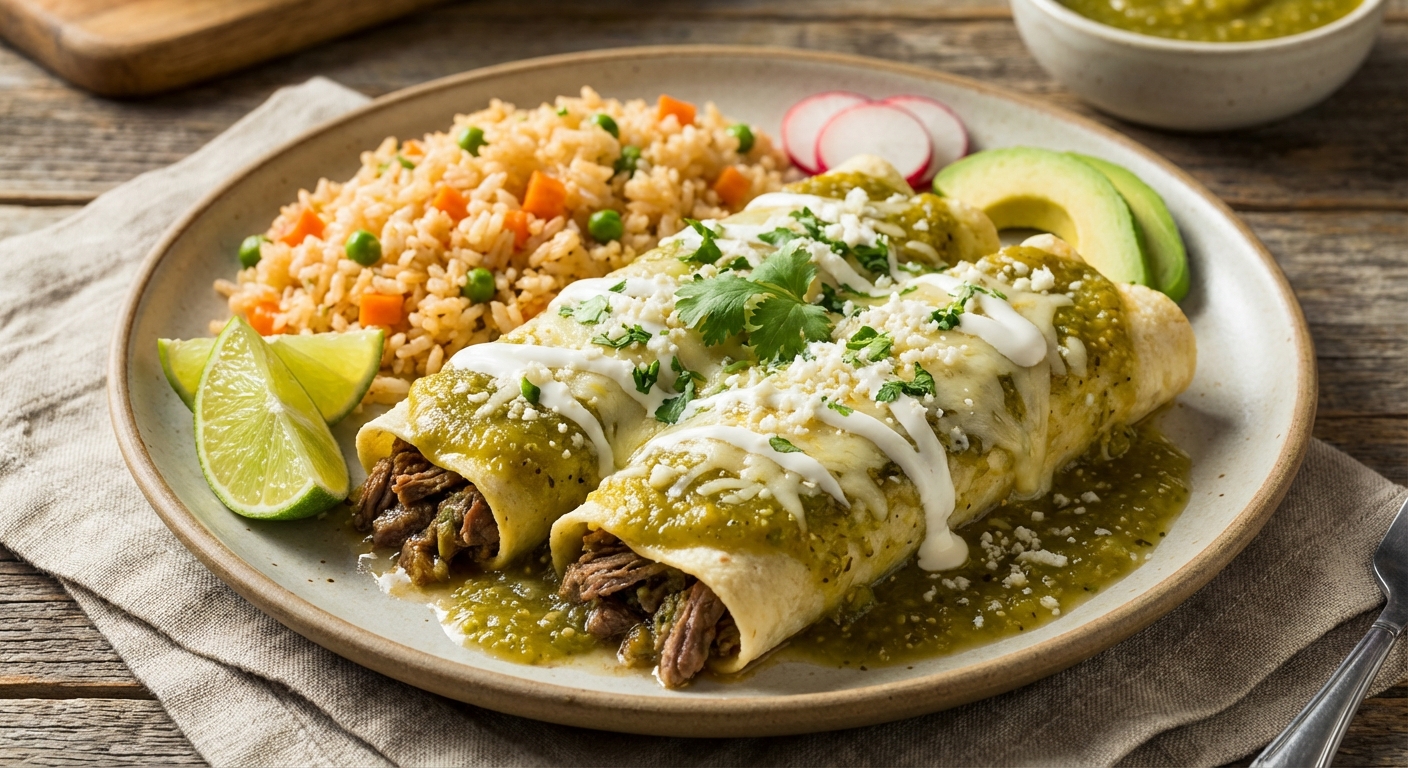 Beef Enchiladas with Green Salsa and Mexican Rice