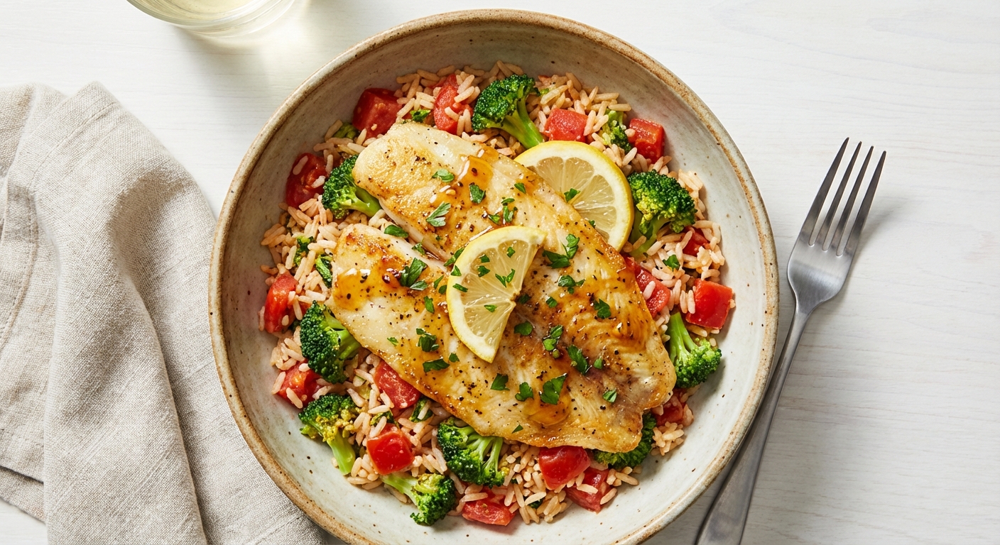 Lemon-Garlic Pan-Seared Tilapia with Tomato-Broccoli Rice Pilaf