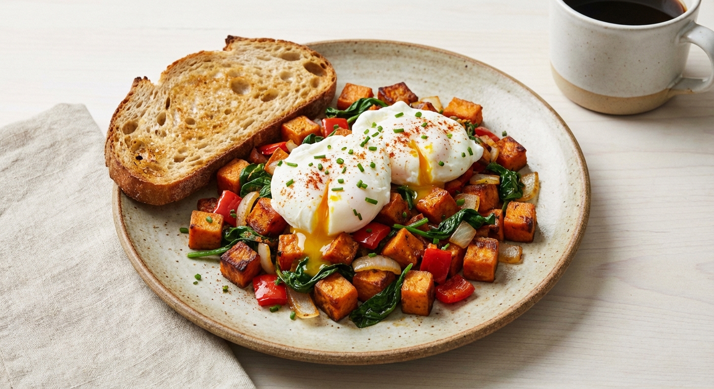American Sweet Potato Hash with Spinach and Poached Eggs