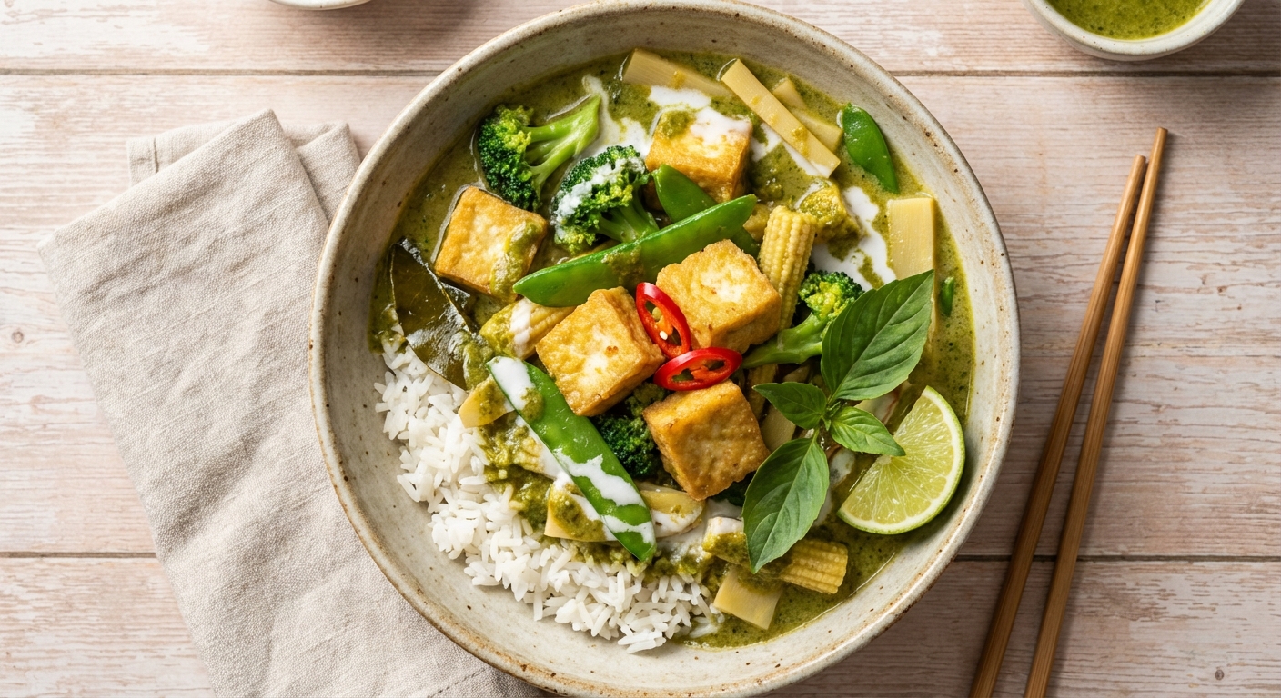 Thai Green Curry with Tofu & Mixed Vegetables over Jasmine Rice