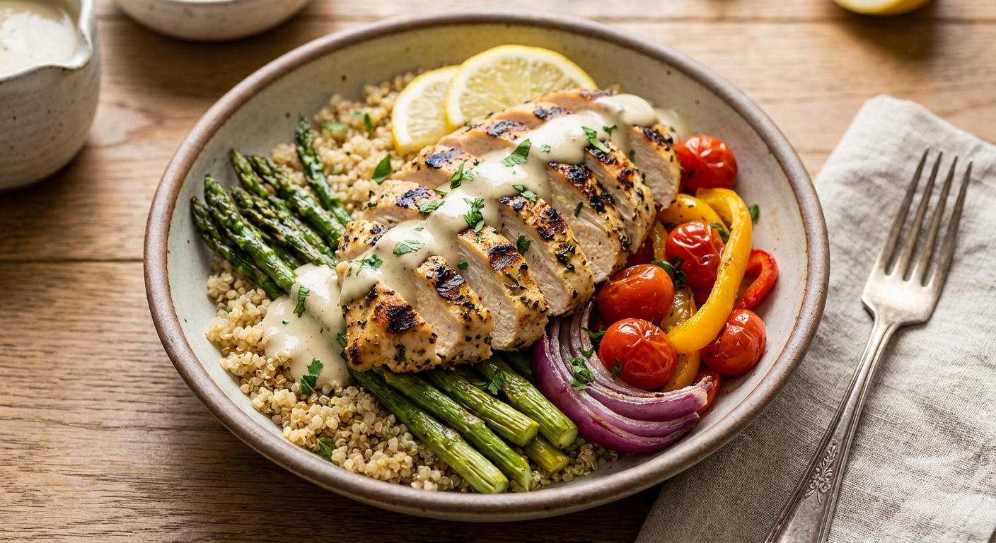 Grilled Lemon-Chicken Quinoa Bowl with Roasted Vegetables & Tahini-Lemon Dressing