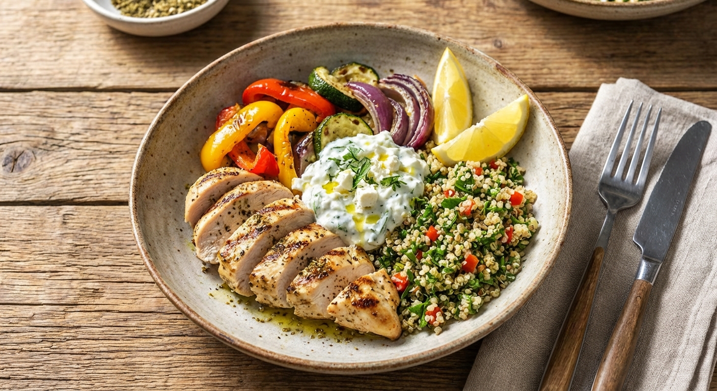 Grilled Lemon‑Herb Chicken Quinoa Bowl (Mediterranean)