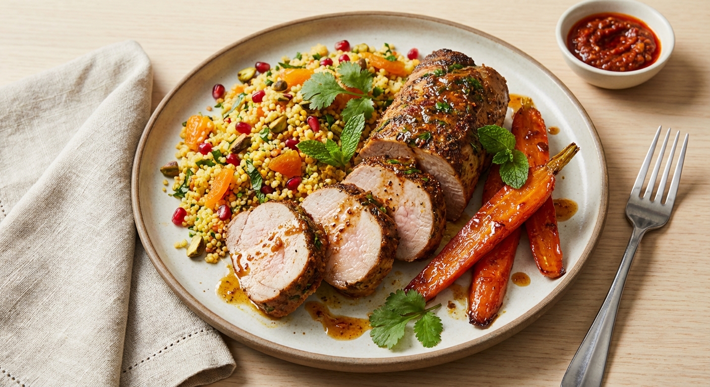Oven-Roasted Moroccan Spice Pork Tenderloin with Preserved Lemon & Apricot Couscous and Honey-Glazed Carrots