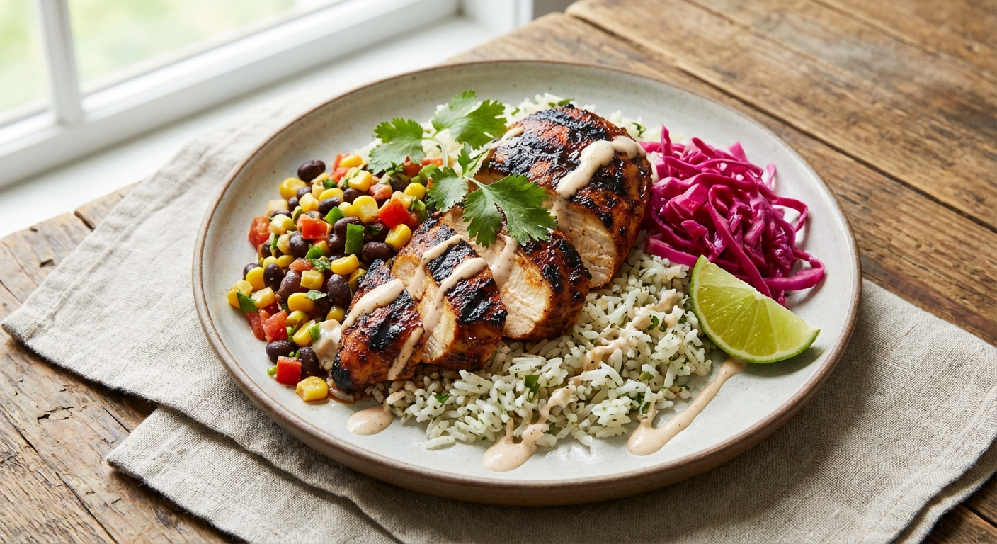 Grilled Ancho-Lime Chicken over Cilantro-Lime Jasmine Rice with Warm Black Bean & Corn Salsa and Quick-Pickled Red Cabbage