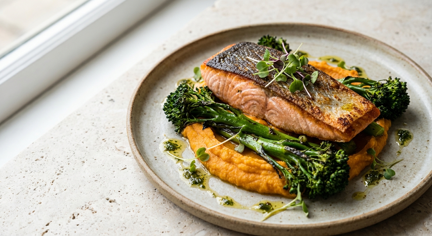 Pan-seared Salmon with Broccoli & Sweet Potato Mash