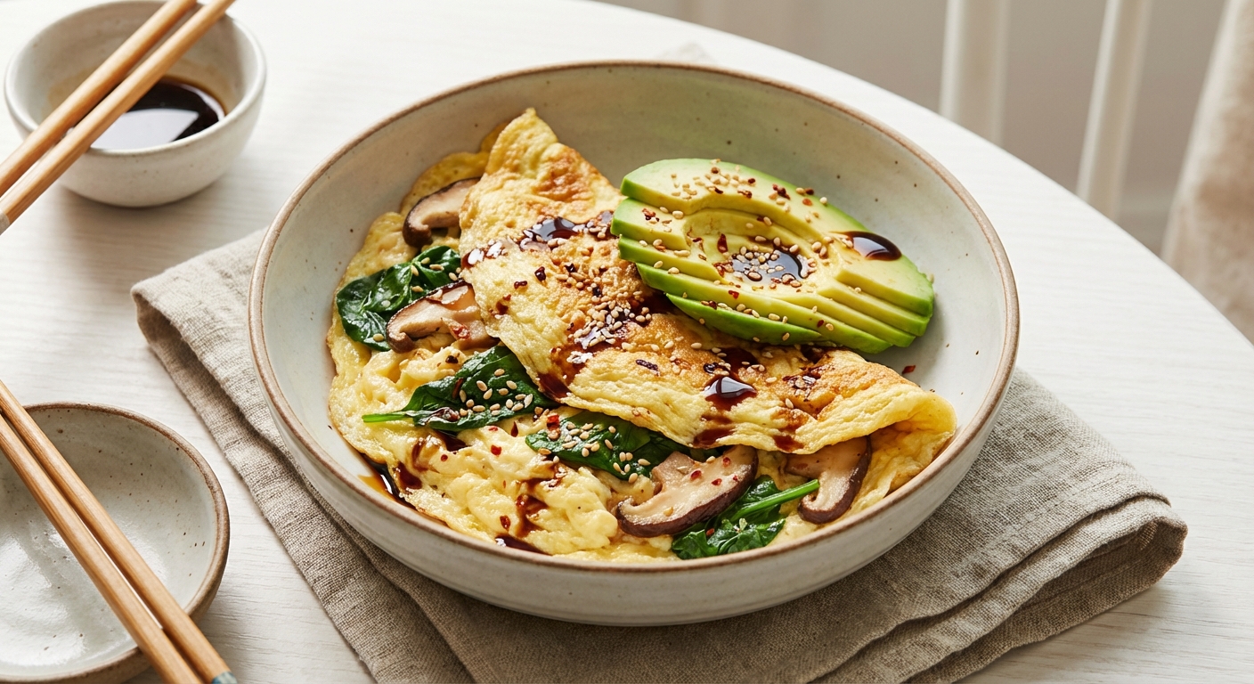 Asian-Style Egg Scramble with Spinach, Shiitake & Avocado