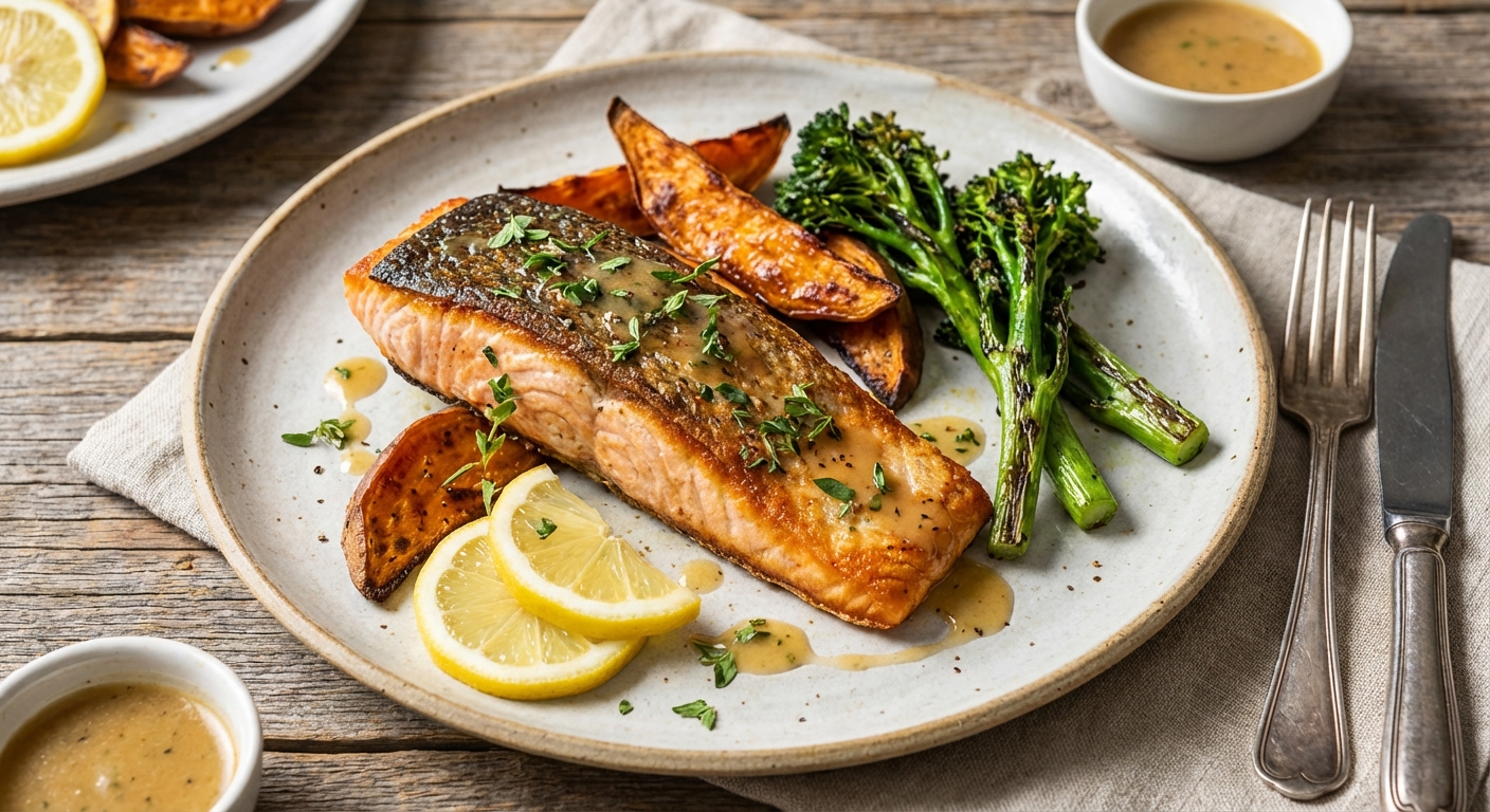 Baked Salmon with Roasted Sweet Potato & Broccolini