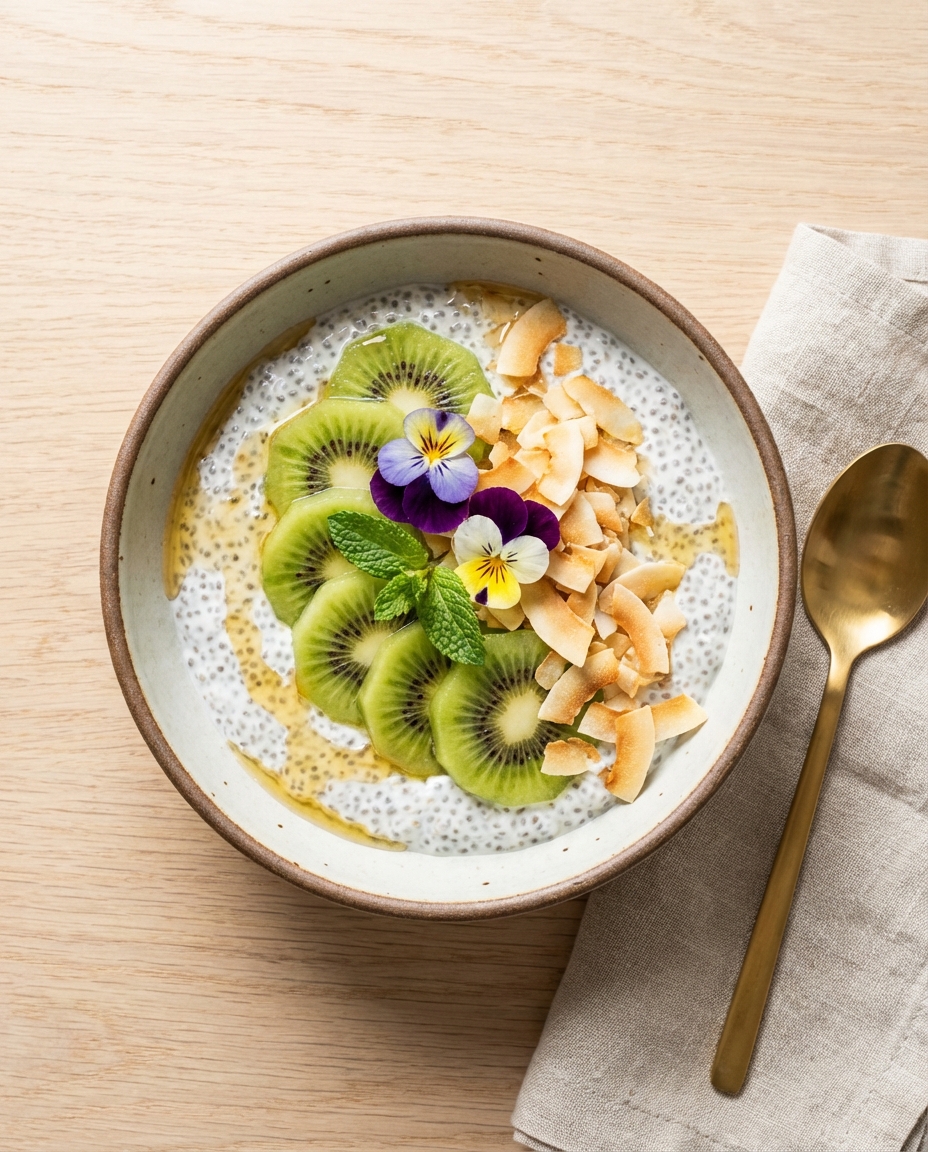 Overnight Chia Pudding with Kiwi & Toasted Coconut