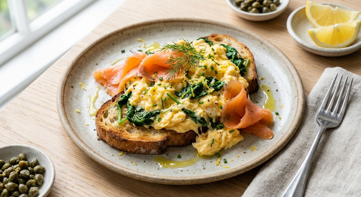 Scrambled Eggs with Spinach & Smoked Salmon on Sourdough