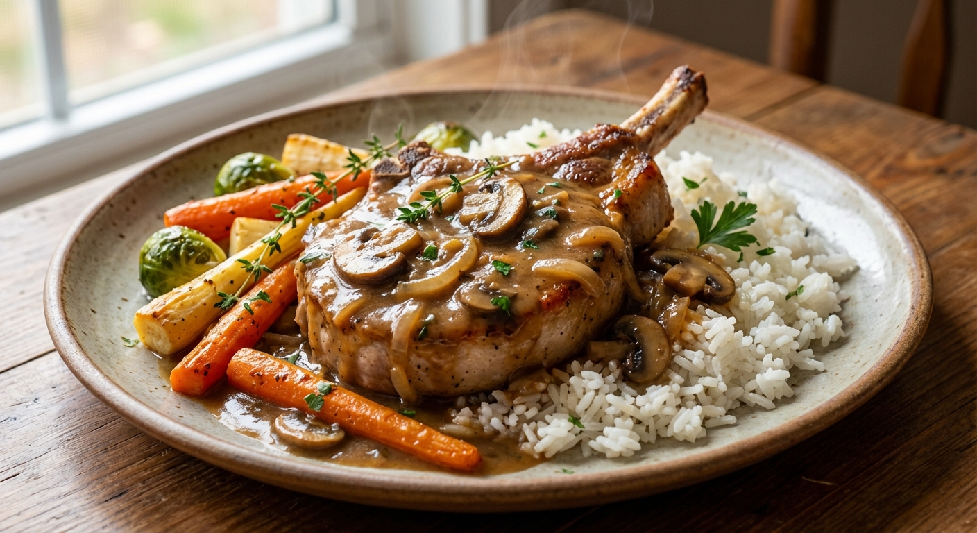 Smothered Pork Chops with Vegetables and Rice