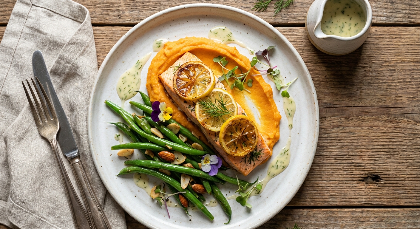 Baked Lemon-Dill Salmon with Mashed Sweet Potato & Sautéed Green Beans
