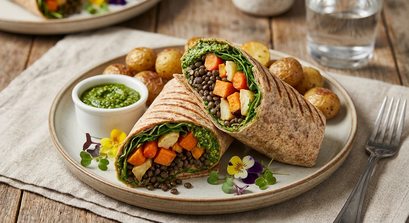 Hearty Lentil & Roasted Vegetable Wrap with Vegan Pesto