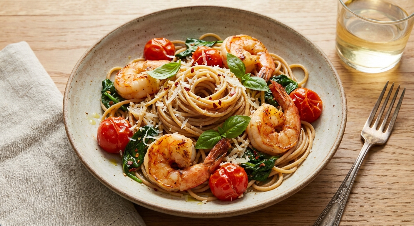 Shrimp & Whole-Wheat Spaghetti with Cherry Tomatoes & Spinach