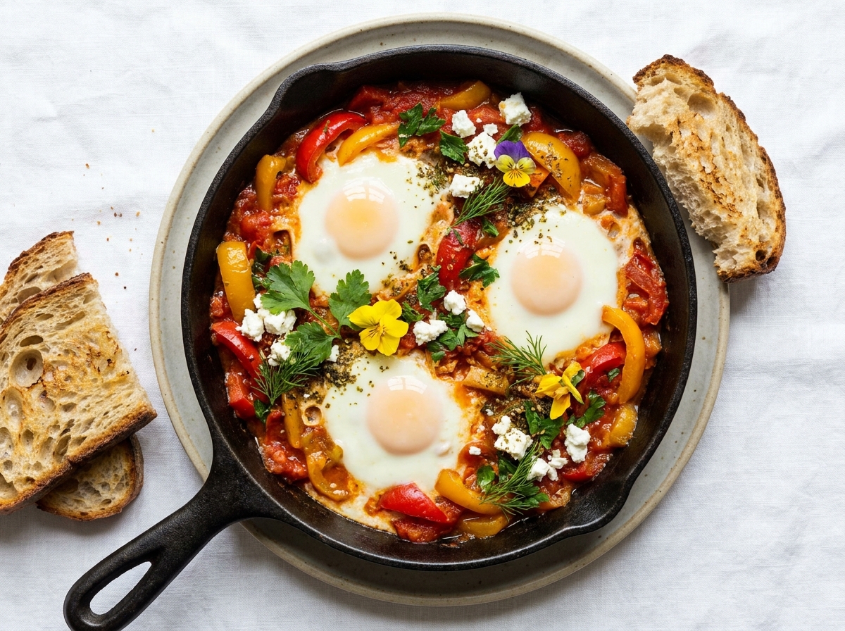 Summer Shakshuka — Pan-Poached Eggs in Herby Tomato & Roasted Bell Pepper with Toasted Sourdough