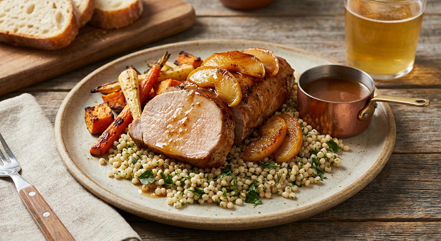 Cider-Roast Pork Tenderloin with Roasted Root Vegetables and Herbed Israeli Couscous