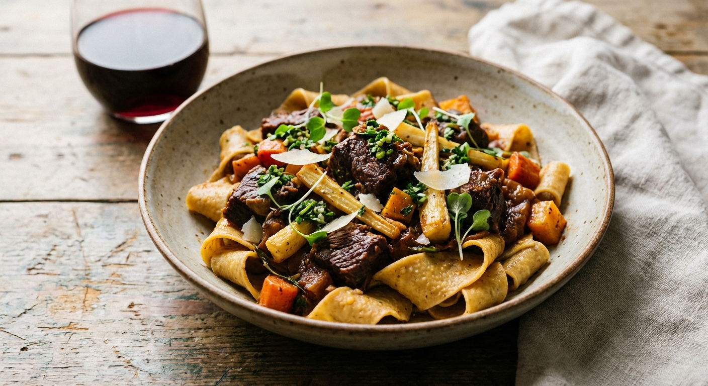 Spiced Beef & Winter Vegetable Ragu (Quick Braise) over Gluten‑Free Chickpea Pappardelle
