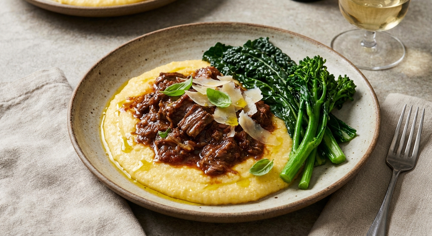 Beef Ragu over Creamy Polenta with Steamed Greens