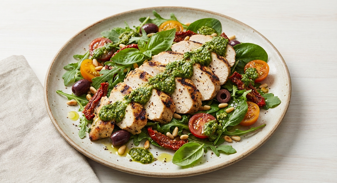 Italian Grilled Chicken Salad with Sun-Dried Tomatoes, Olives & Basil-Pine Nut Pesto (Dairy-Free)