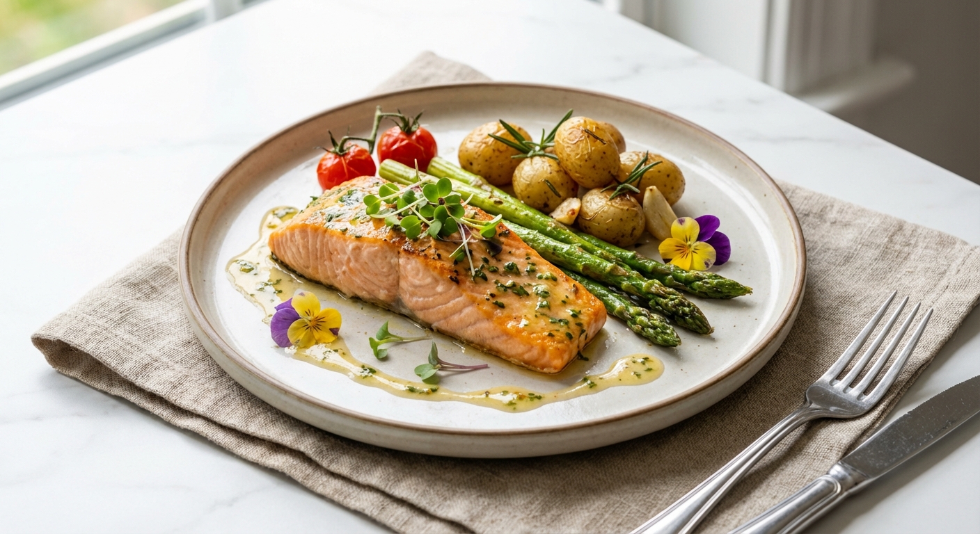 Baked Salmon with Roasted Asparagus & Baby Potato