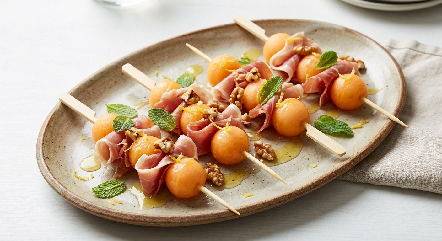Prosciutto & Melon Skewers with Toasted Walnuts and Lemon-Mint Finish