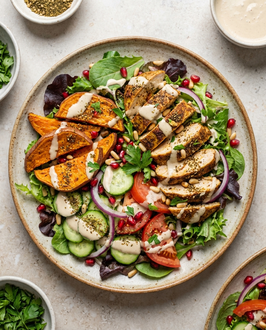 Middle-Eastern Chicken Shawarma Salad with Tahini Dressing and Roasted Sweet Potato